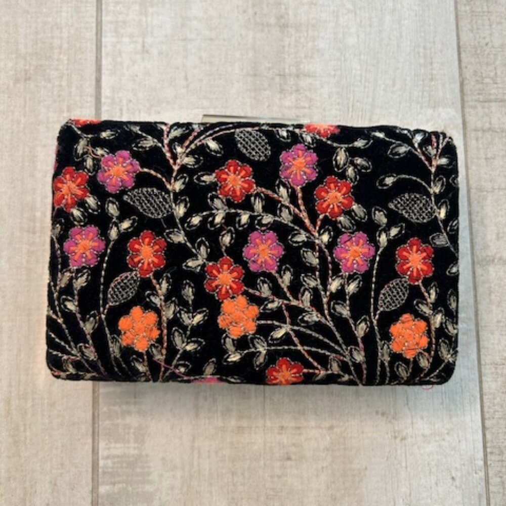 Embroidered Evening Clutch with Gold Chain